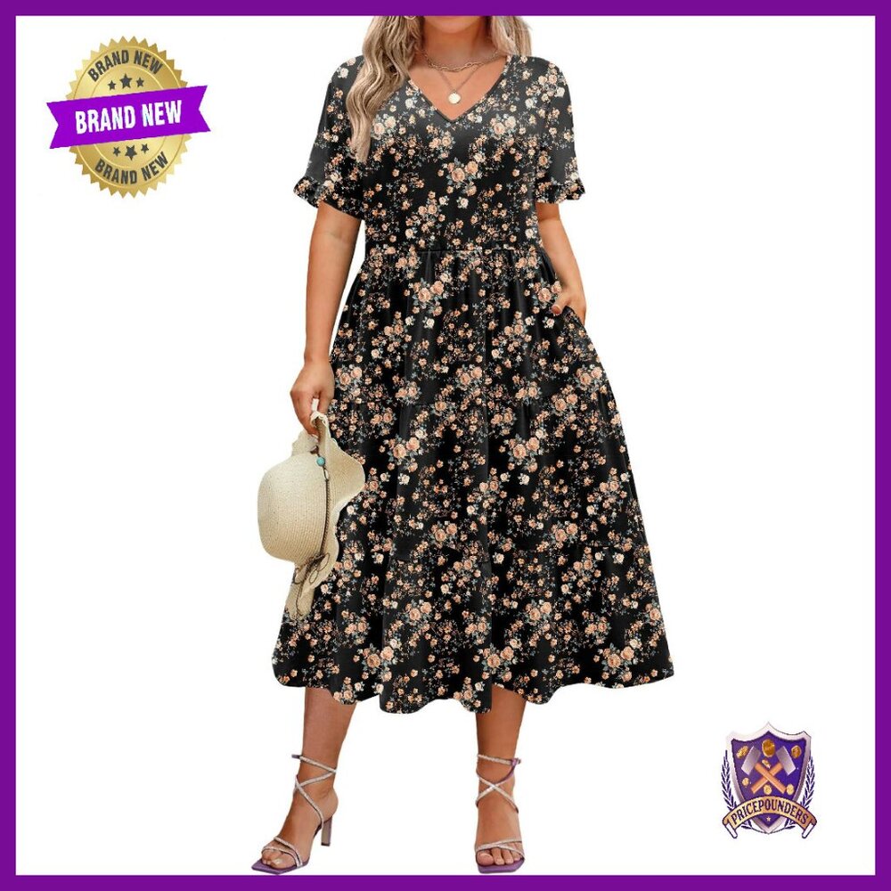 Plus Size Midi Dress With Pockets V-Neck Tiered Summer Casual